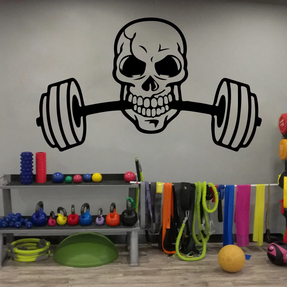 Large Skeleton Barbell Wall Sticker Skull Crossfit Fitness Club Gym Logo Sport Barbell Workout Wall Decal Vinyl Decor
