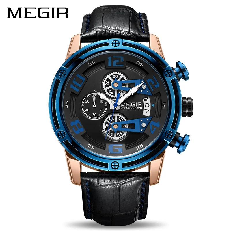 

MEGIR Chronograph Sport Watch Men Leather Strap Creative Quartz Watches Clock Men Military Wristwatch Reloj Hombre Montre Homme