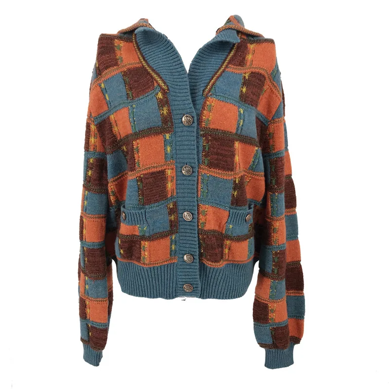 

Women Sweater 2018 New Fashion High Quality Female Knitting Autumn Navy Style Loose Brick Red Plaid Knitting Outerwear