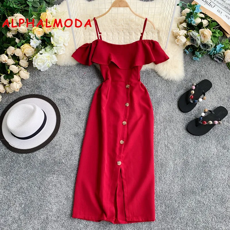 Женское однотонное платье ALPHALMODA с открытыми плечами гофрированными рукавами