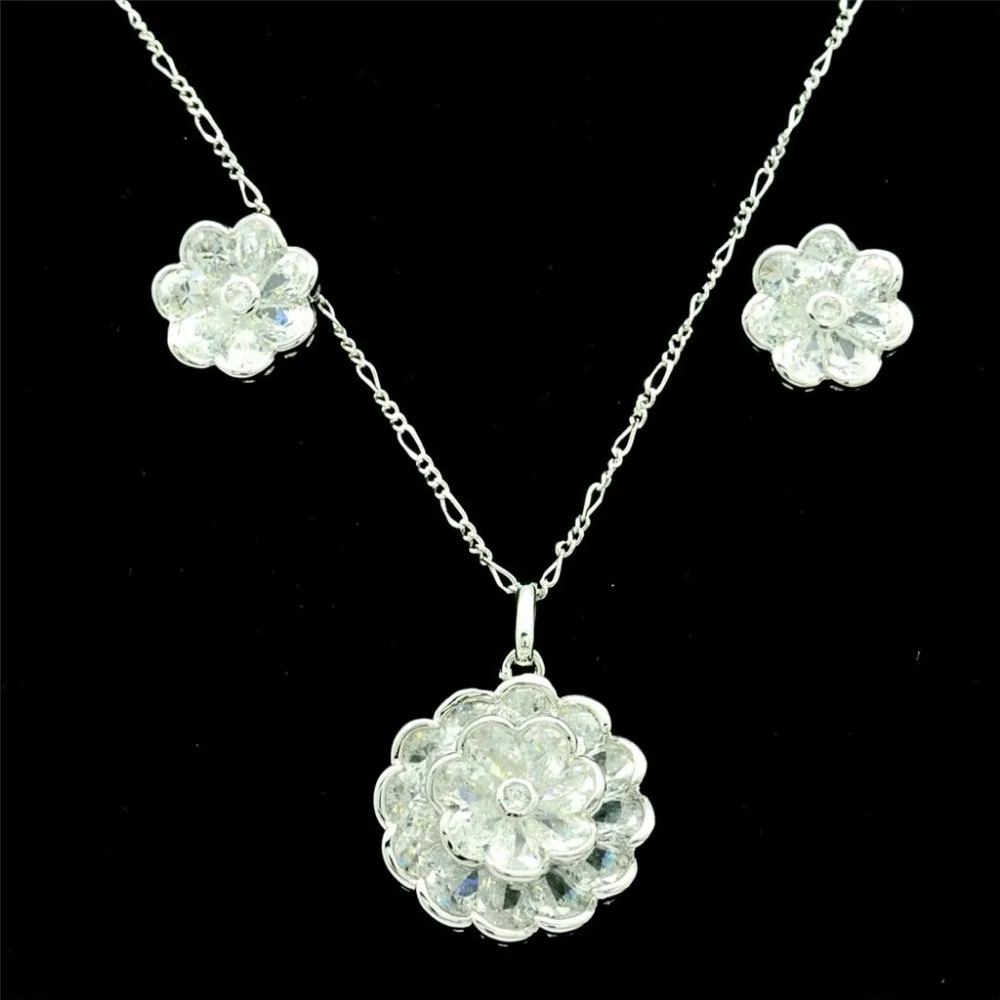 Rhinestone Crystals CZ Zircon Wedding Pendant Flower Necklace Earring Sets 16230