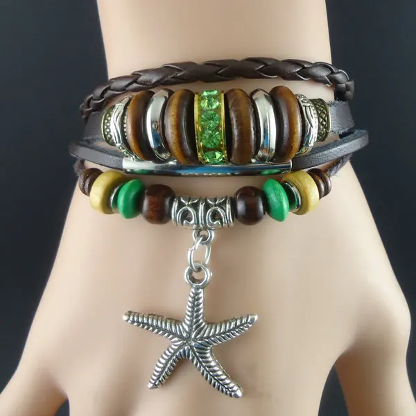 Новое поступление Модные Винтажные кожаные Зеленые хрустальные Морская звезда