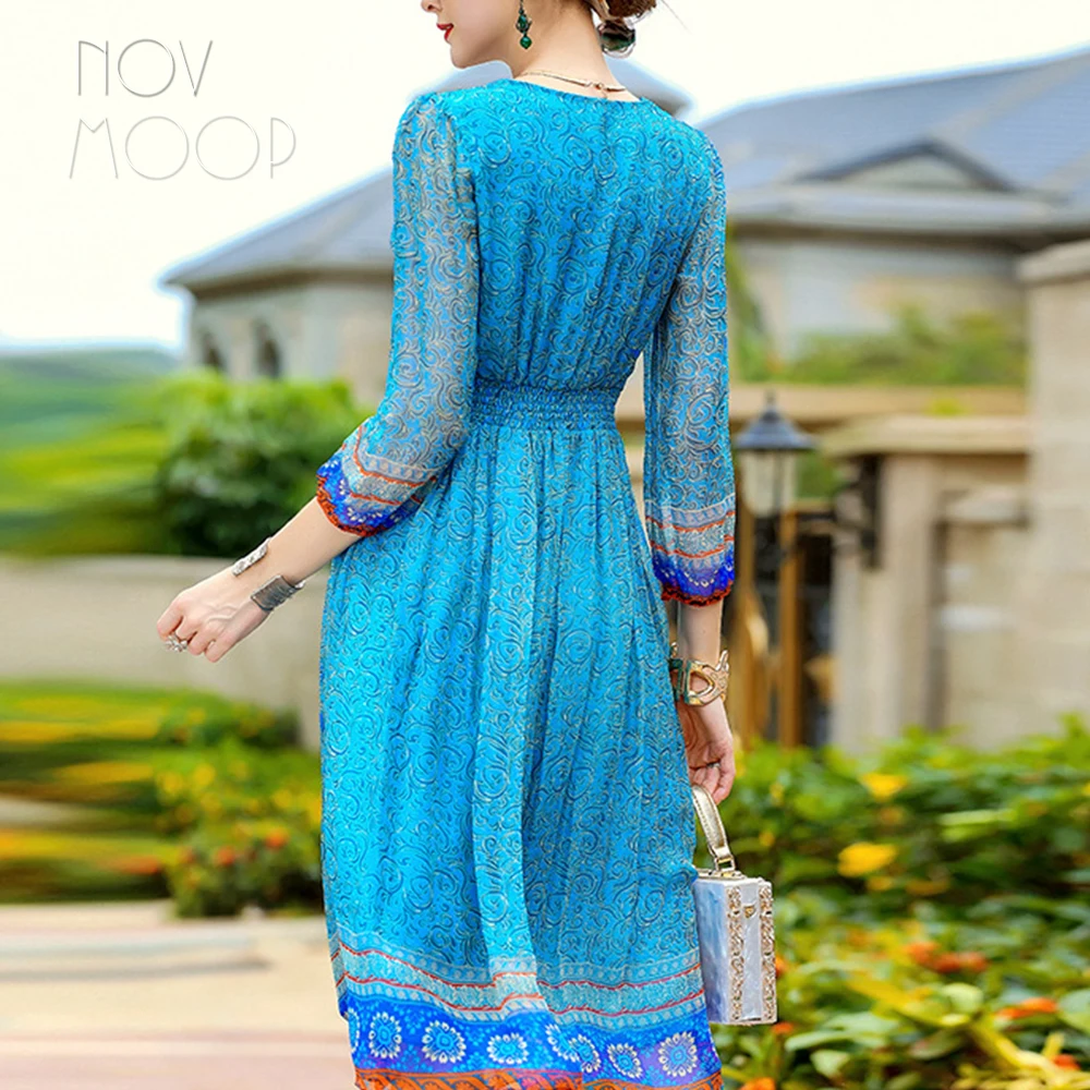 Женское летнее платье в стиле бохо голубое красное из натурального шелка с