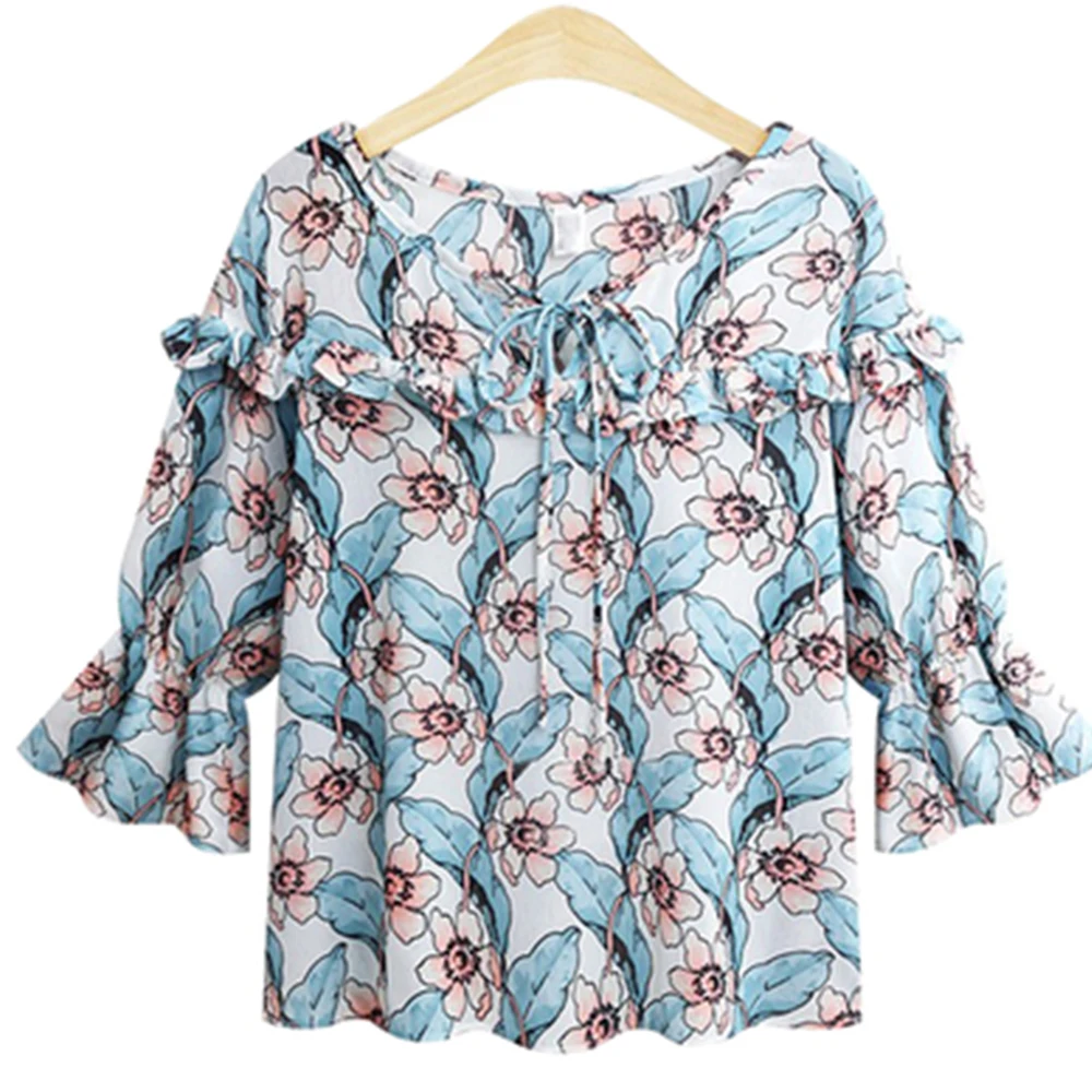 Женские шифоновые блузки с круглым вырезом FTGSDLONG винтажные оборками и цветочным
