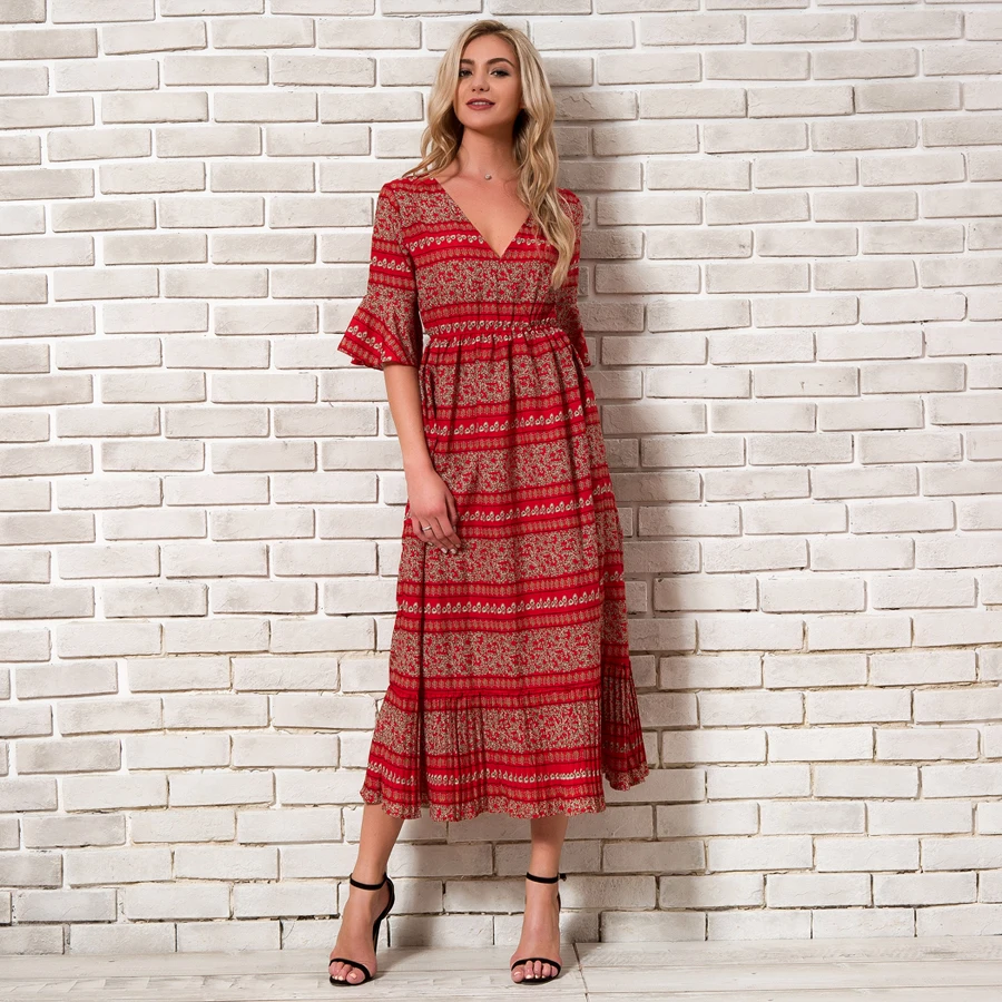 Bohemian Chiffon Dress Women Summer 2018 New Arrivals Flare Sleeve V neck Print Boho Dresses Woman Pleated Beach Long | Женская одежда