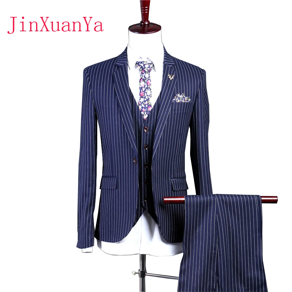 

Men's Suit Men Three Piece Set blue Stripe Suits Wedding Suits Jacket/vest/Pant Gentle Modern Blazer Men Suits custom suit