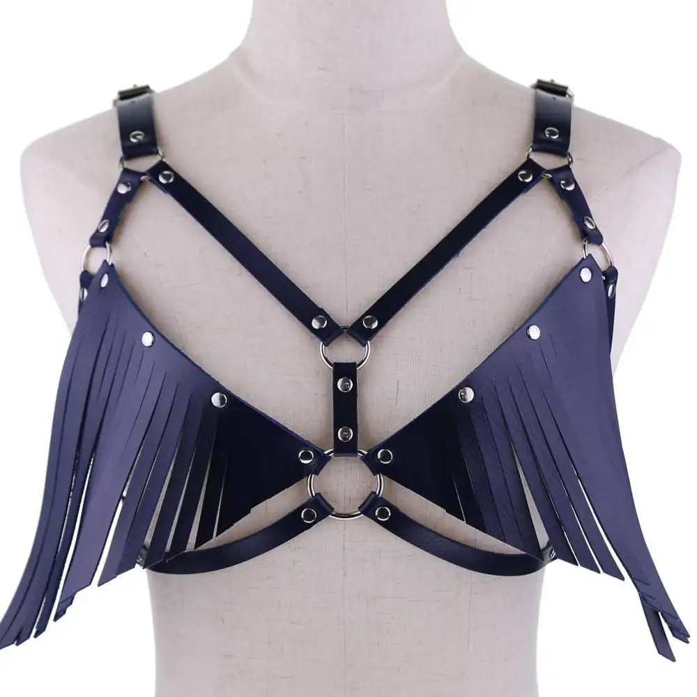 Dark Blue Сексуальный панковский из искусственной кожи бюстгальтер с бахромой на груди подвязки ремни женское белье Подвязки Пояс для тела бандаж ремни сексуальные нагрудные ремни - Окраска металла: Dark Blue