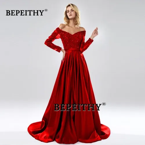 BEPEITHY Robe De Soiree с открытыми плечами длинное вечернее платье трапециевидной формы, вечерние, элегантные,, полный рукав, фиолетовый кружевной лиф, платье для выпускного вечера