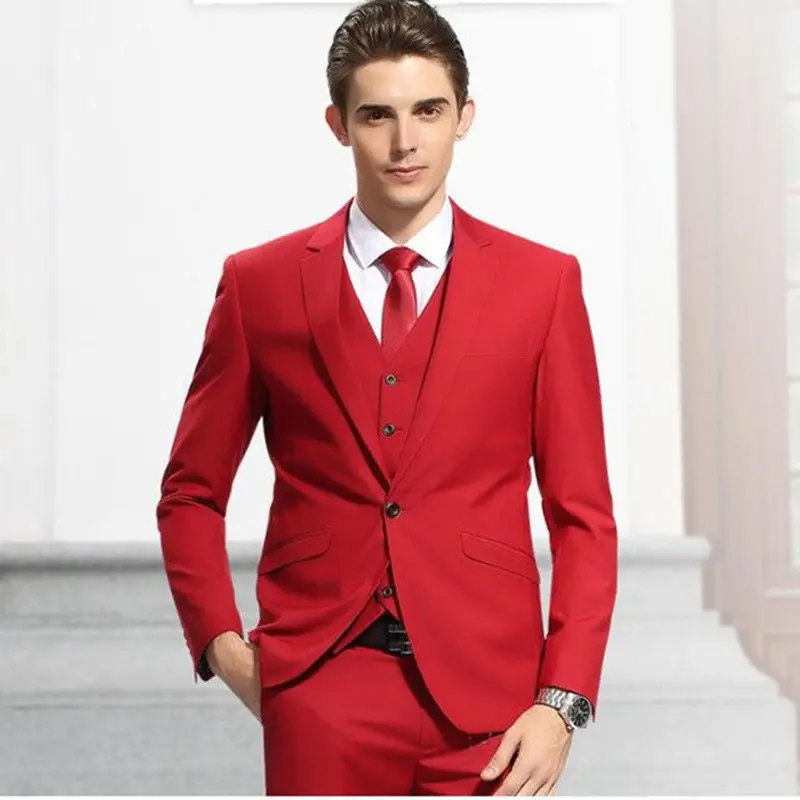 

Custom Men Suits One Button Red Groom Tuxedos Groomsmen Men's Wedding Prom Suits C349