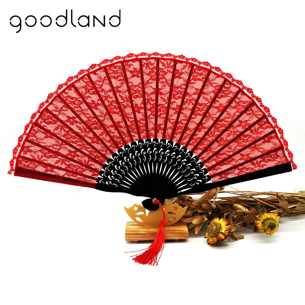 

Free Shipping 10pcs/lot Delicate Classic Red Lace Folding Hand Held Flower Fan with Tassel For Gift Bridal Party Dancing Fans