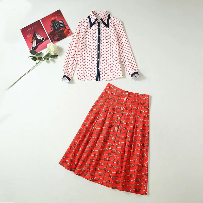 New 2019 Autumn Fashion Design Women's Stars Long Sleeve Chiffon Print Shirt + Half Skirt Set |