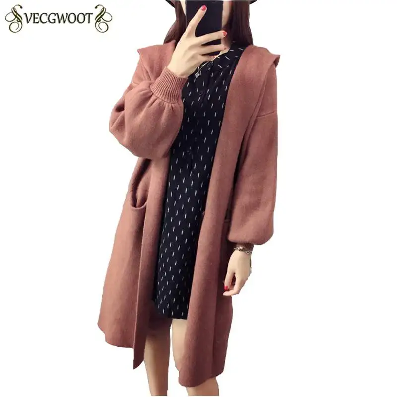 Warm Hooded Knit Long Female Cardigan Korean Winter Faux Cashmere Sweater for Women Feminine Coat Ladies Sweaters |