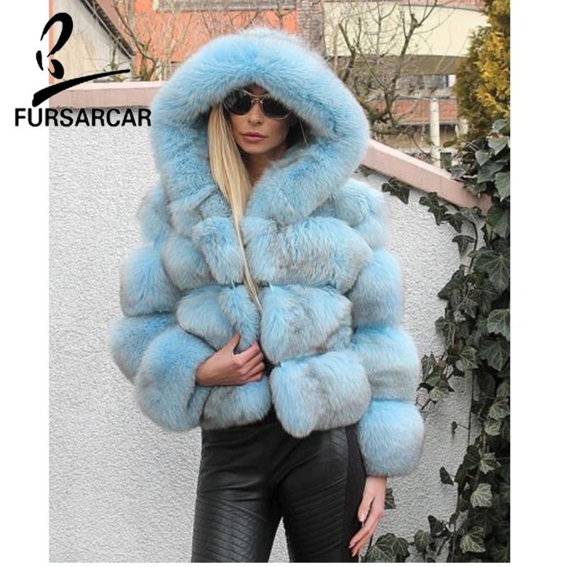 FURSARCAR 2021 New Fashion Natural Real Fox Fur Coat Women Short Winter Jacket With Big Fur Hood  Warm Genuine Real Fur Coats
