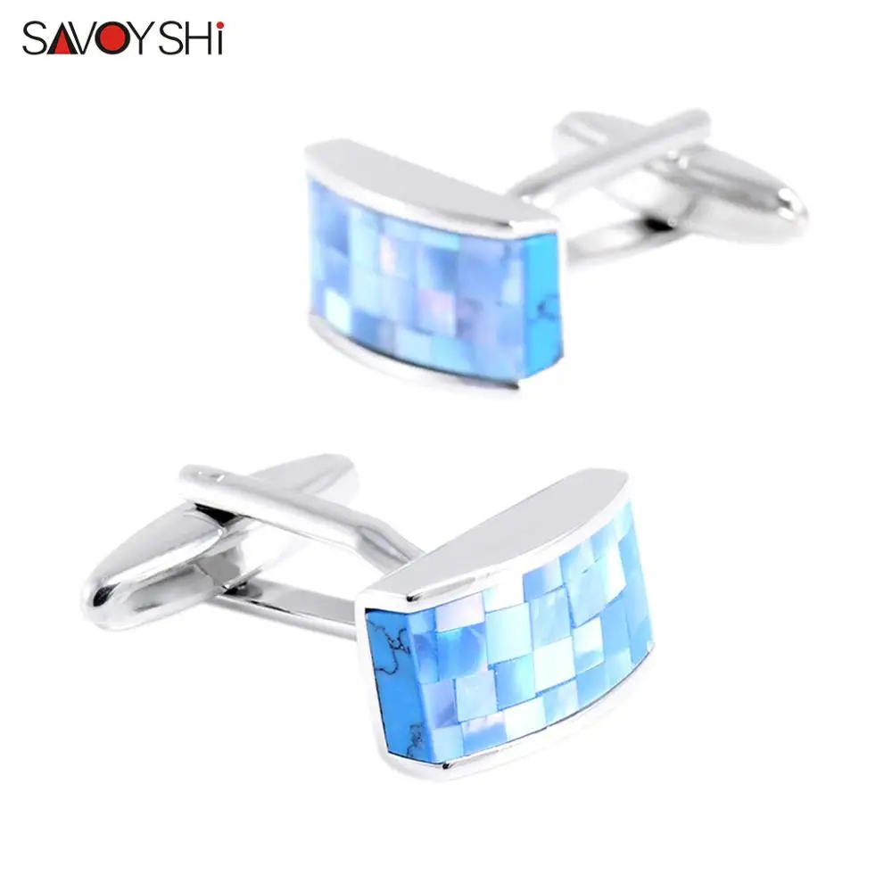 SAVOYSHI, роскошные сетчатые запонки для мужчин, запонки для рубашек, гвозди, высокое качество, голубой камень, с ракушками, запонки, свадебный подарок, ювелирные изделия - Окраска металла: Only Cufflinks