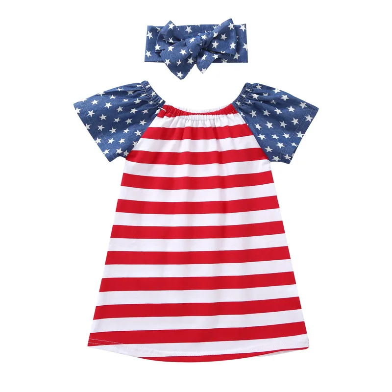 

0-6Y Baby Girls Summer Dress Clothing 4th of July Dress Children Independence Dresses with Headband