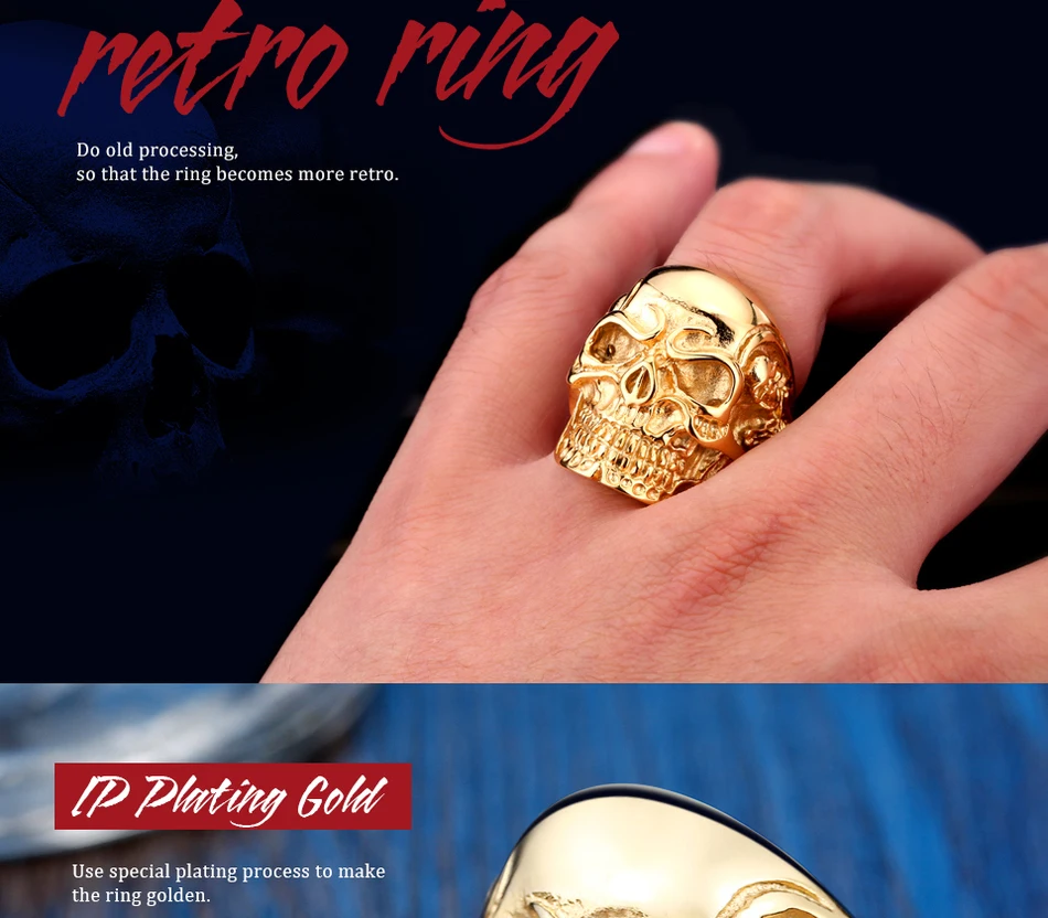 BEIER Dropshipping Fashion Stainless Steel Rings For Man Big Tripple Skull Ring Punk Biker Jewelry BR8-068