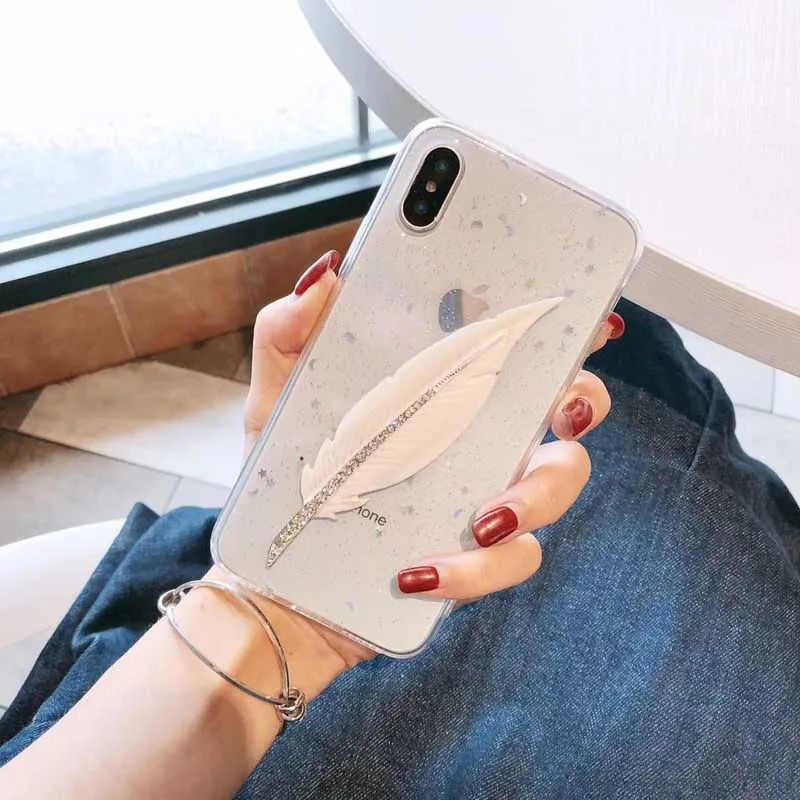 Роскошный чехол с перьями для iPhone X Блестящий Мягкий силиконовый 6 6S 7 8 Plus