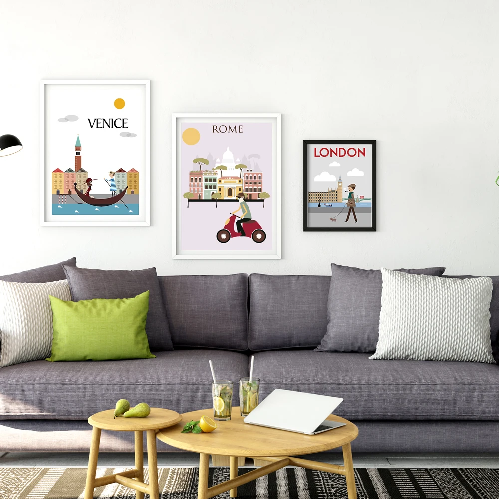 Модный мир большой город утром мультфильм ВИНТАЖНЫЙ ПЛАКАТ пейзаж искусство