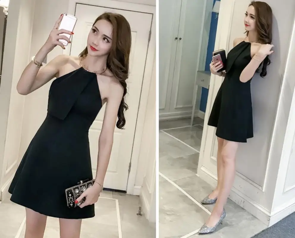 

Summer new sexy back dress metal ring hanging neck slim Asleeveless skirt 2018 Free Shipping
