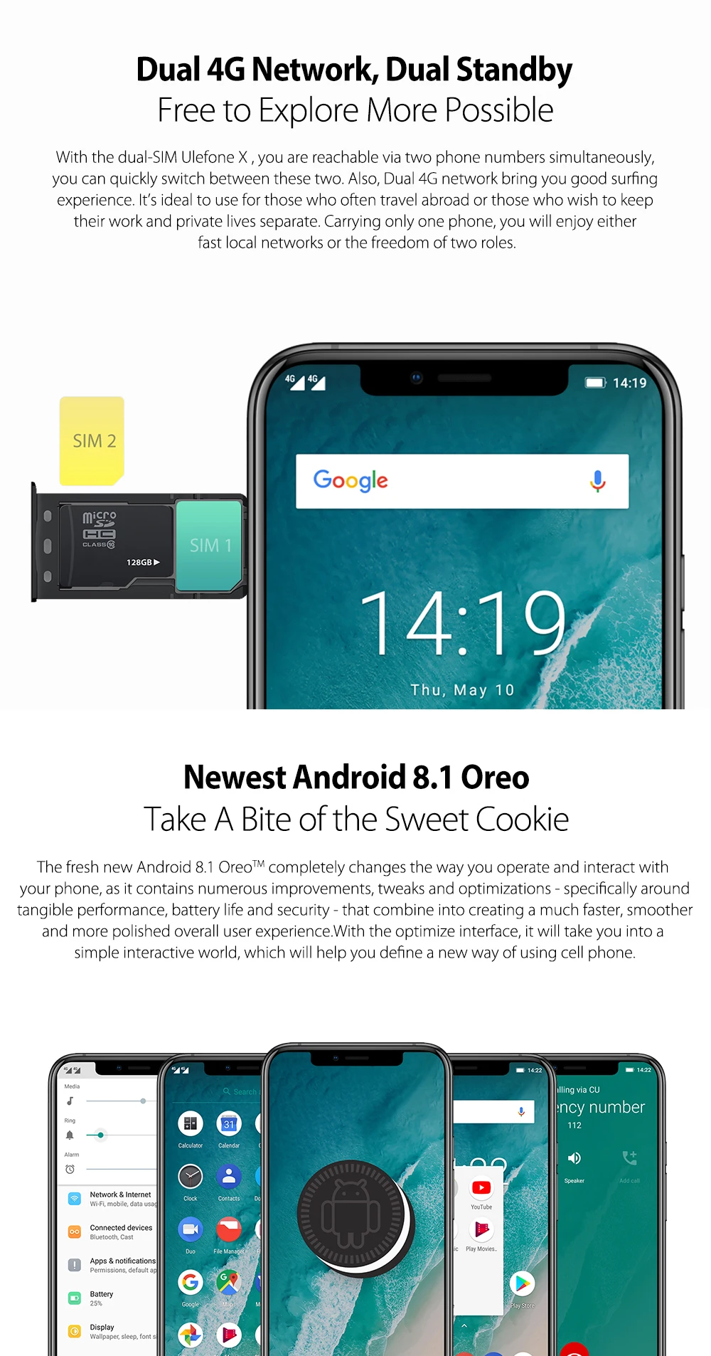 Новое поступление! Ulefone X 4 ГБ 64 ГБ 1080 P 5,85 ''HD+ 13MP+ 5MP 8MP 4 г/м² WCDMA пусть 3300 мАч беспроводной зарядки OTG Смартфон