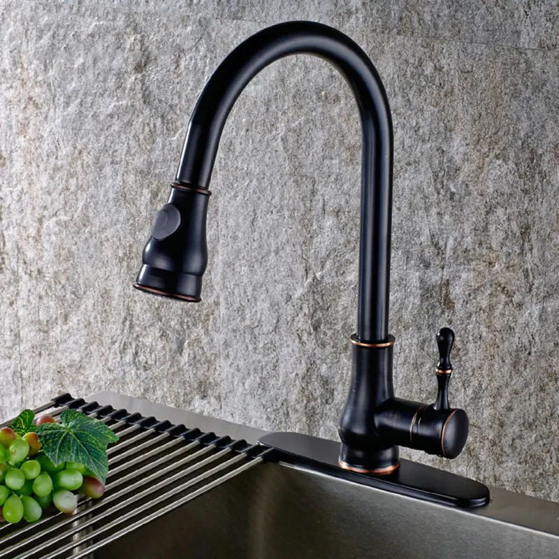 FLG Kitchen Faucet Deck Mounted Single Hole With 3 Cover Plate Oil Rubbed Black Mixer Pull Out Tap 155-33N | Обустройство дома