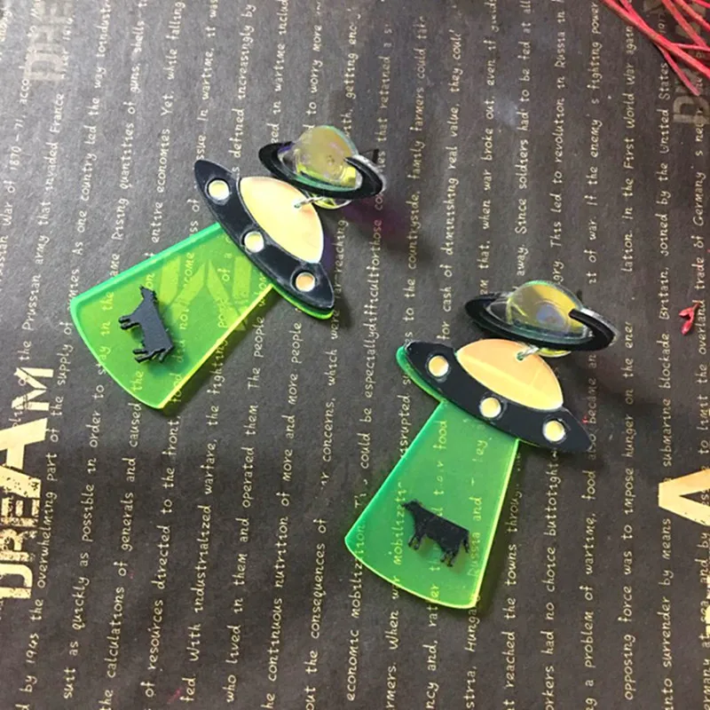 Акриловые геометрические висячие серьги подвески в виде летающей тарелки НЛО и