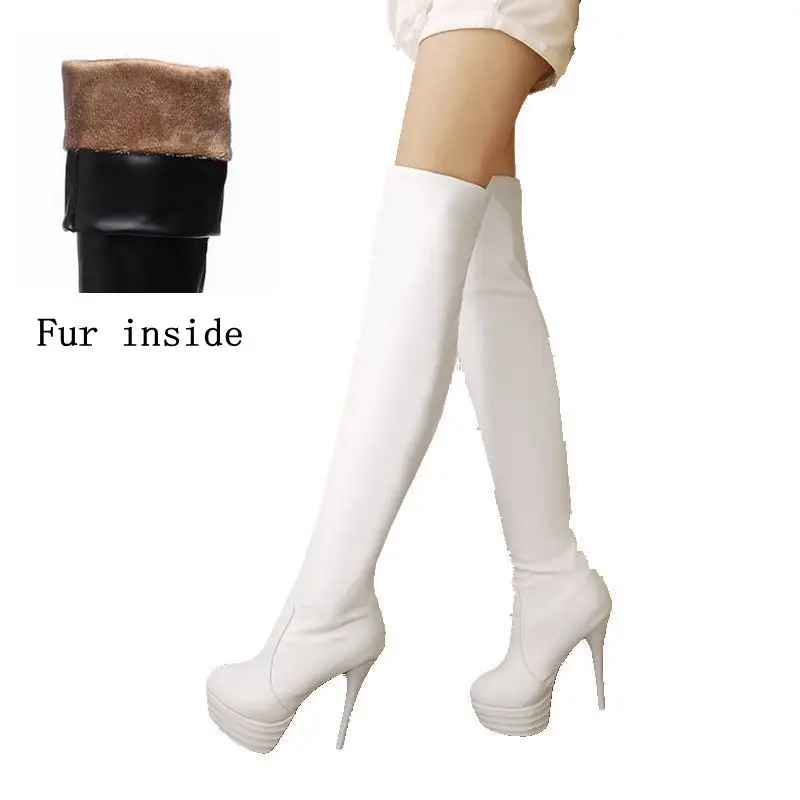 White Fur ORCHA LISA/большие размеры 32-46, 13 см, ботфорты выше колена женские зимние пикантные ботинки на платформе и тонком высоком каблуке - Цвет: White Fur