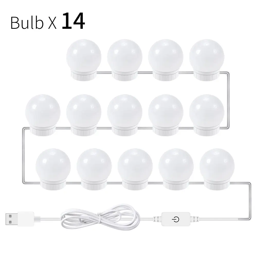 14 Bulbs White Светодиодный настенный светильник для макияжа, косметическое зеркало, светодиодный светильник, набор лампочек, USB разъем, косметический светильник, голливудская лампа для макияжа, плавная лампа с регулируемой яркостью, светильник ing - Испускаемый цвет: 14 Bulbs White