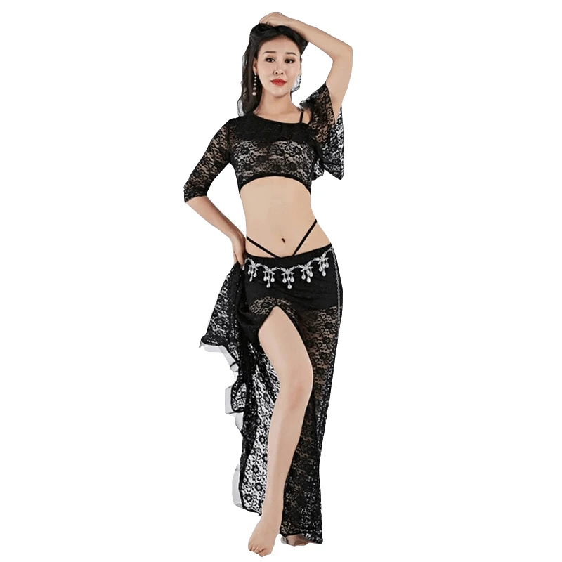 

Saxy Dance Wear 2018 Girls Class Wear Long Maxi Skirt Women Belly Dance Outfit Floral Lace Elastic Off Shoulder Dresses