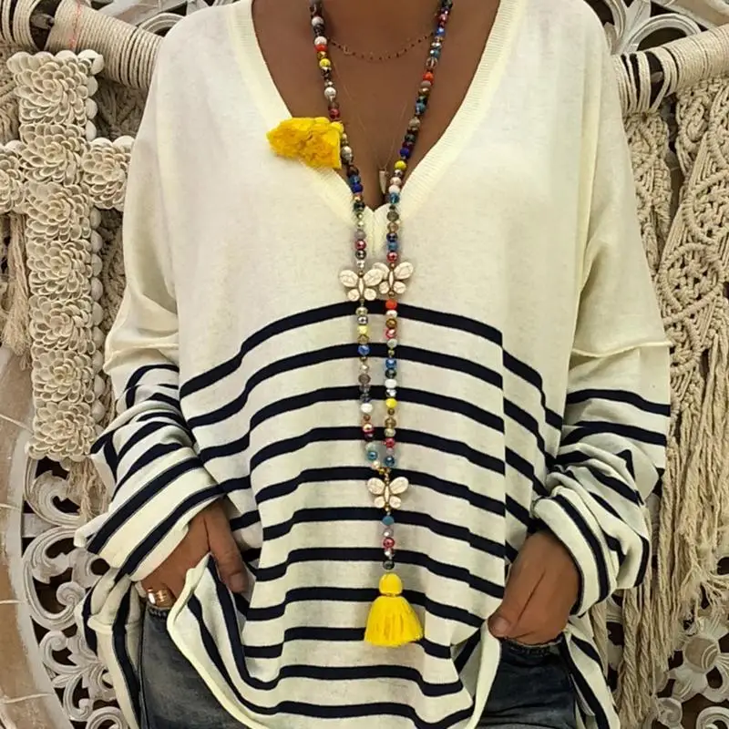 Женские повседневные полосатые пуловеры с v-образным вырезом длинным рукавом
