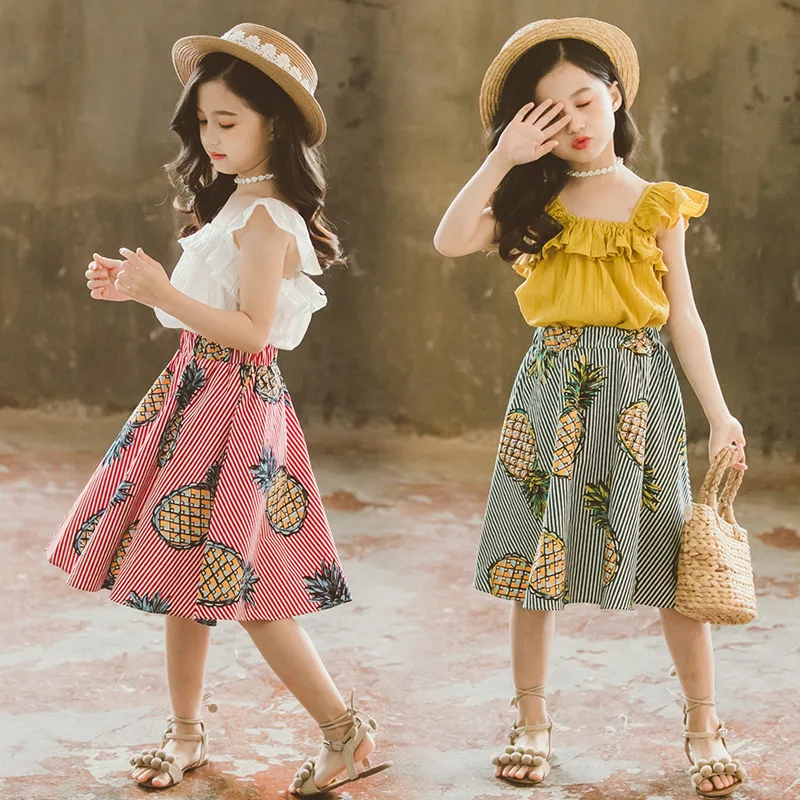 2019 Girls Summer Clothes Ruffle T-shirt Tops+Pineapple skirt 2 PCS Suit Kids Clothing 4 6 8 10 Years Princess Costume Set | Мать и