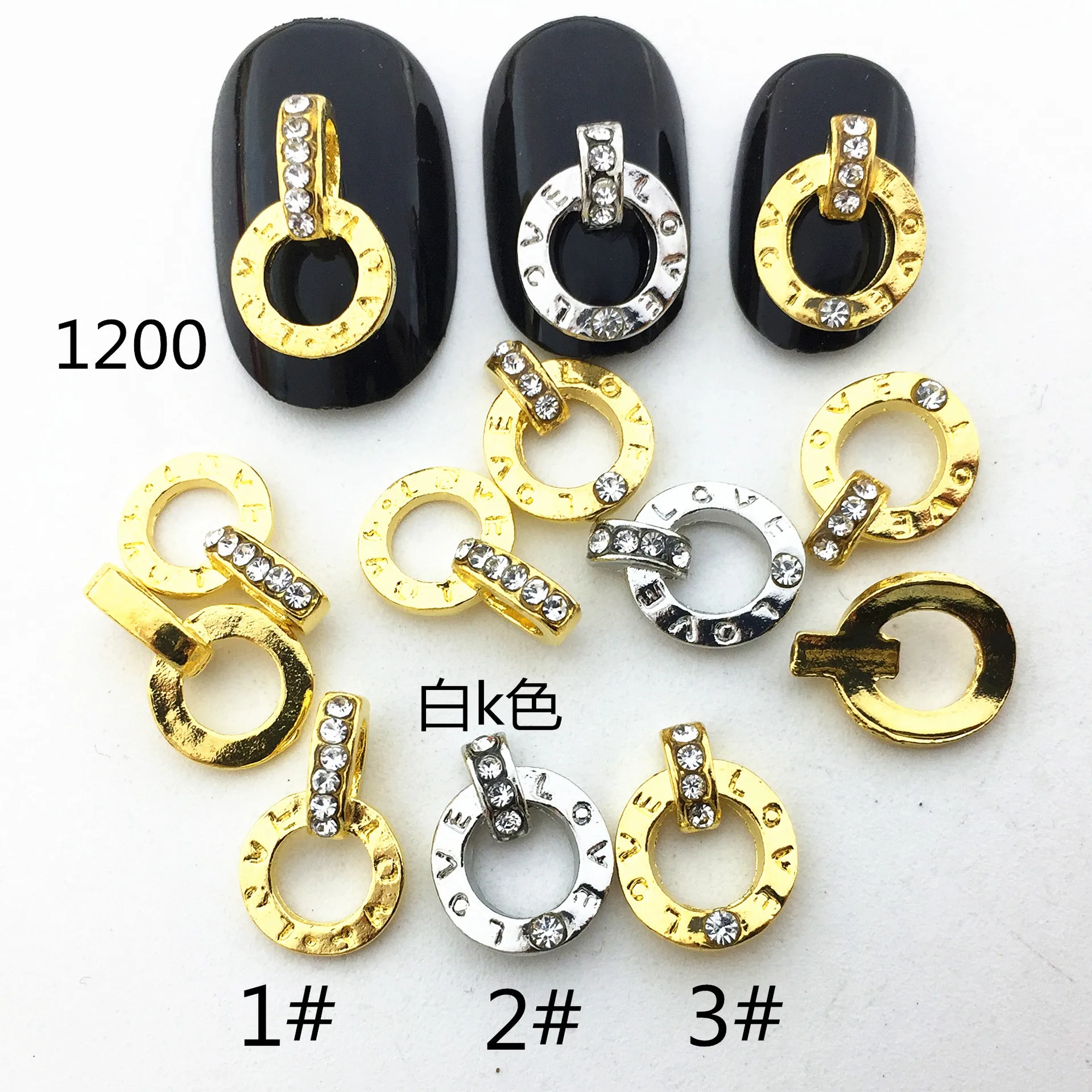 

100pcs Japanese retro hollow circular diamond ring ring nail ornaments metal punk wind alphabet nail patch