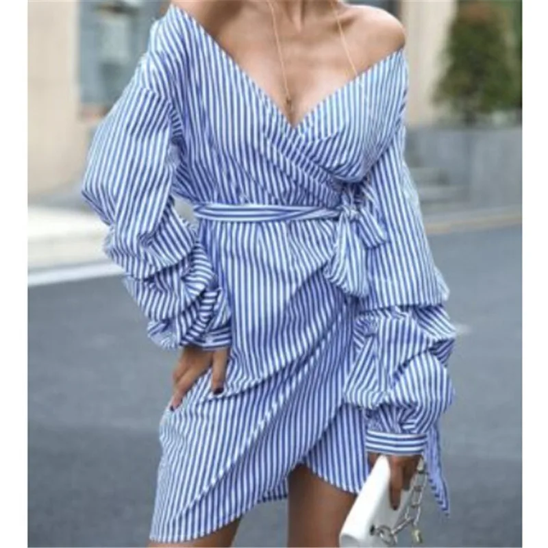 Женское Полосатое платье с открытыми плечами модное мини длинным рукавом и v