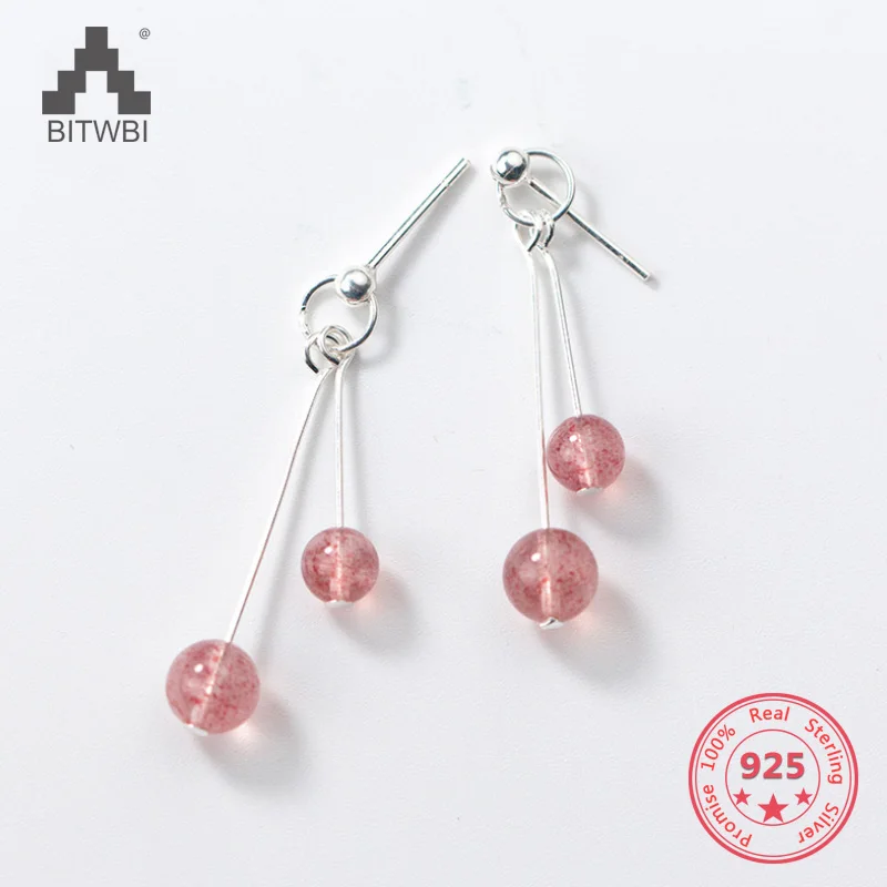 

100% 925 Solid Real Sterling Silver Sweet Tassel Strawberry Quartz Crystal Dangle Earrings For Girl Women Fine Jewelry