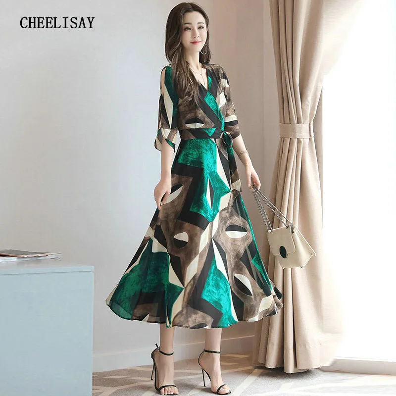 Женское пляжное платье с геометрическим принтом элегантное праздничное поясом