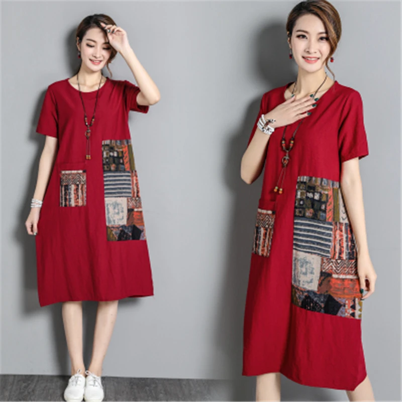Платье женское повседневное свободное из хлопка и льна с o-образным вырезом