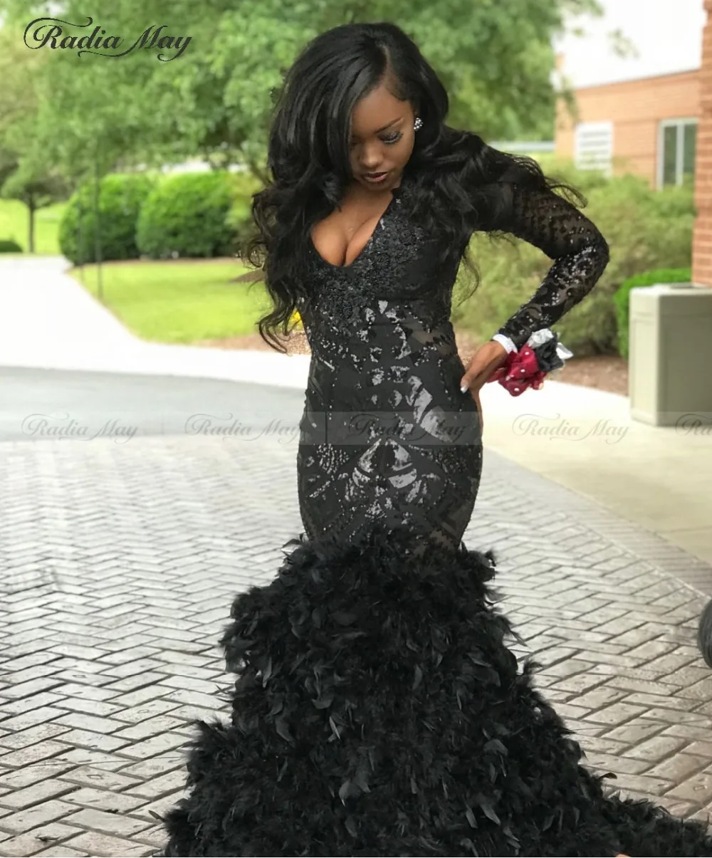 Шикарное черное официальное платье с длинным рукавом и юбкой годе V образным