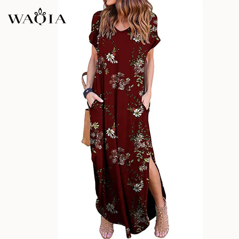 WAQIA 2019 женское летнее платье с цветочным принтом повседневное длинное коротким
