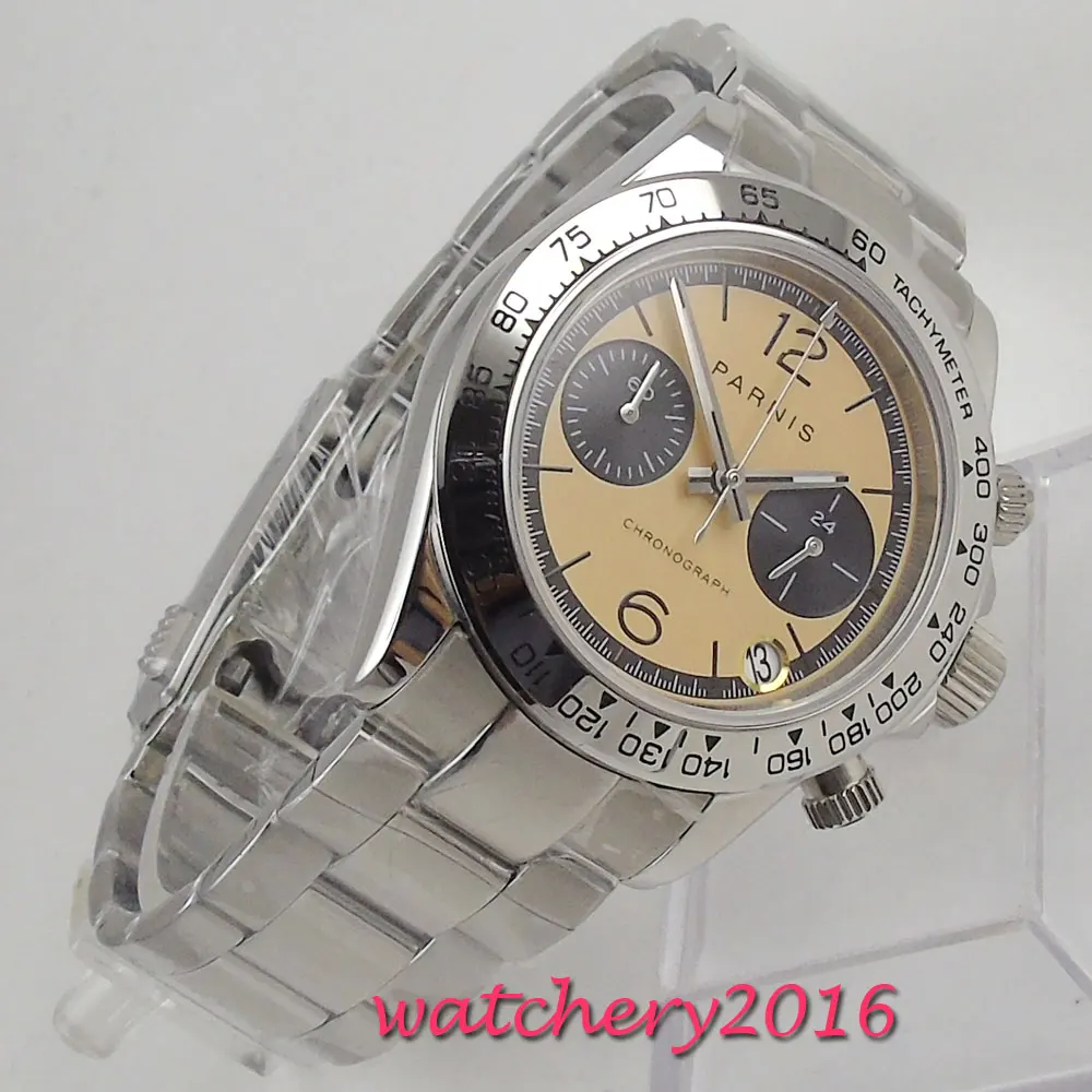 Мужские кварцевые часы parnis оранжевые черные с цельным циферблатом хронографом