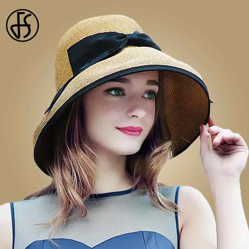 FS-Sombreros de paja de moda para Mujer, sombrero plegable de ala ancha, flexible, con visera para el sol, con lazo, para playa, Verano