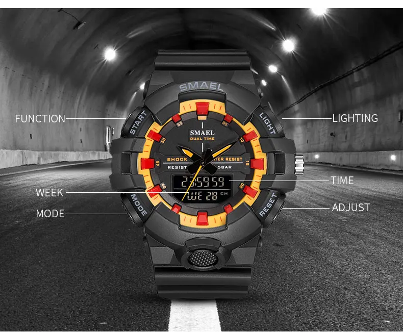 Часы SMAEL Мужские кварцевые спортивные аналоговые цифровые светодиодные уличные