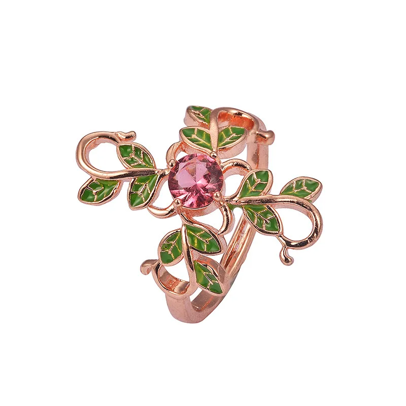 Центр розовый кристалл зеленый лист ветка Золотой посеребренный цветок кольца