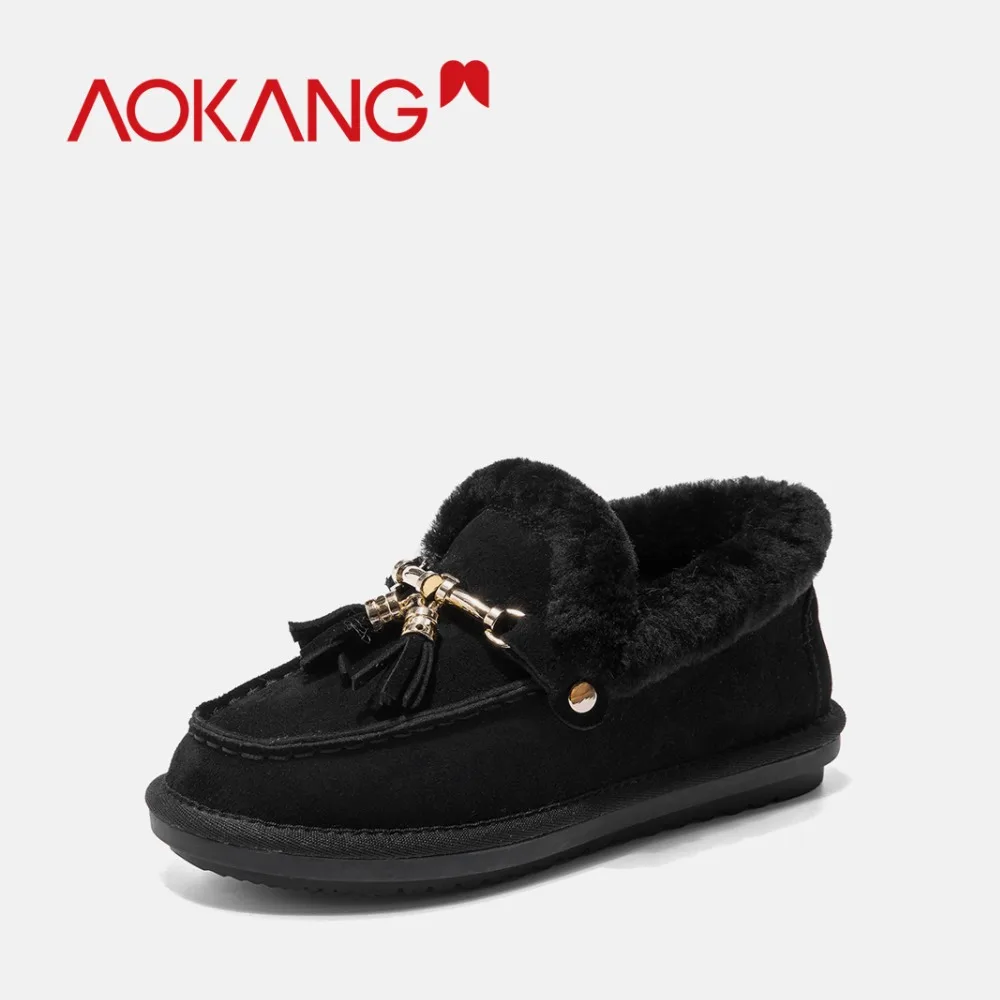 AOKANG/Новое поступление; зимние женские теплые лоферы на плоской подошве; Плюшевые слипоны; женские лоферы с бантом; водонепроницаемые Мокасины с искусственным мехом; теплая женская обувь