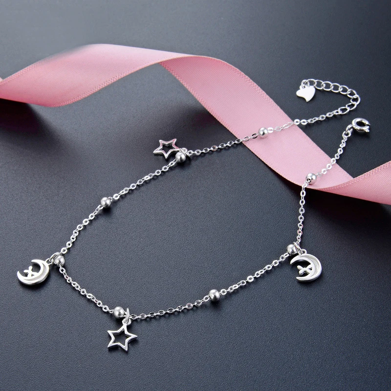 Женский анклет из серебра 2019 пробы амулетный браслет на ногу со звездой и луной
