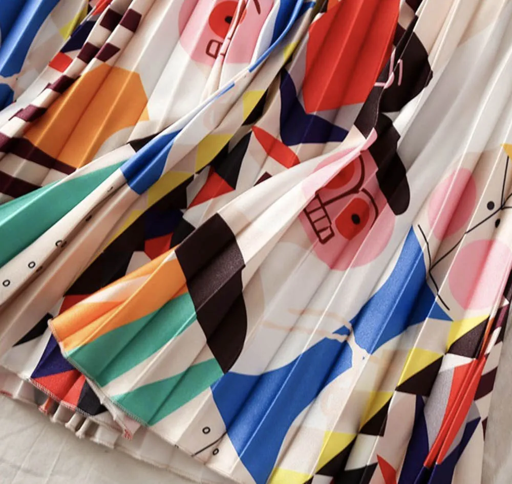 Высокая талия плиссированная миди юбка Женская Печать Новинка трендовая