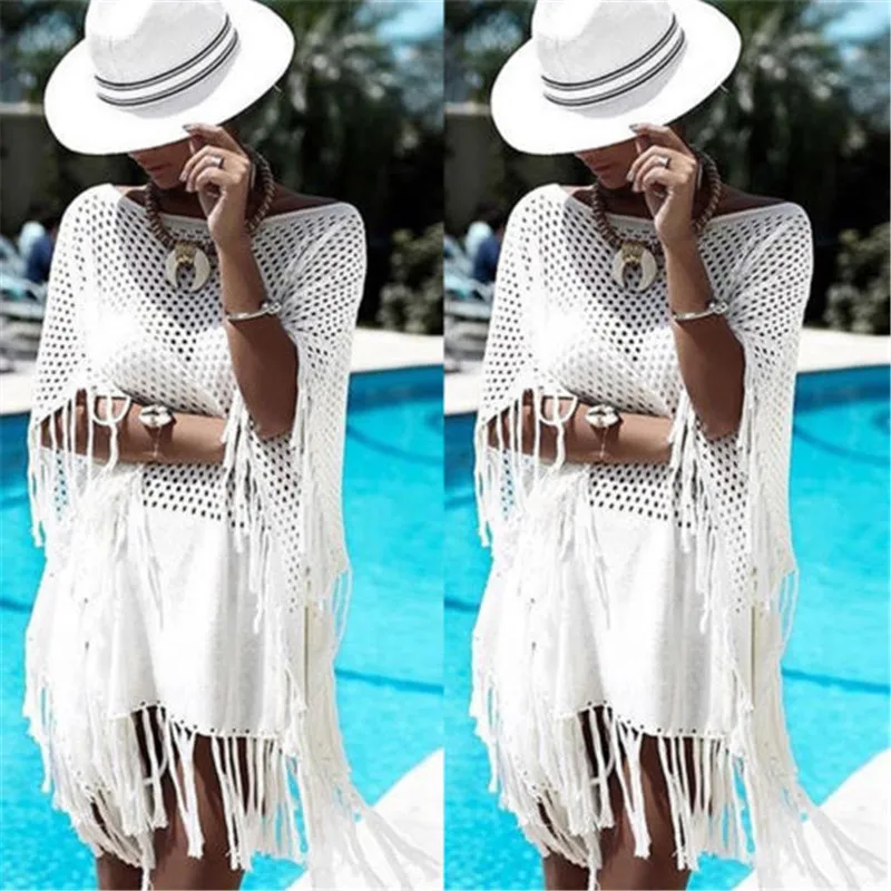 

Women Tassel Rents Crochet Bikini White Tops Brazilian Cover Up Swimwear Beach Dress Mini Kaftan Beachwear Tunic Sexy Swimsuit