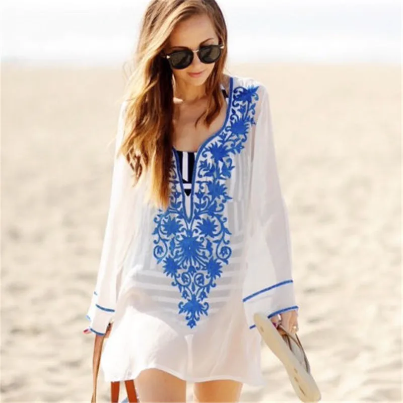 

Tunic Women Retro Embroidery Sexy Swimsuit Coverup Deep V White Beach Wear Chiffon Plavky Pareo Coverups Tunique Sun Clothes