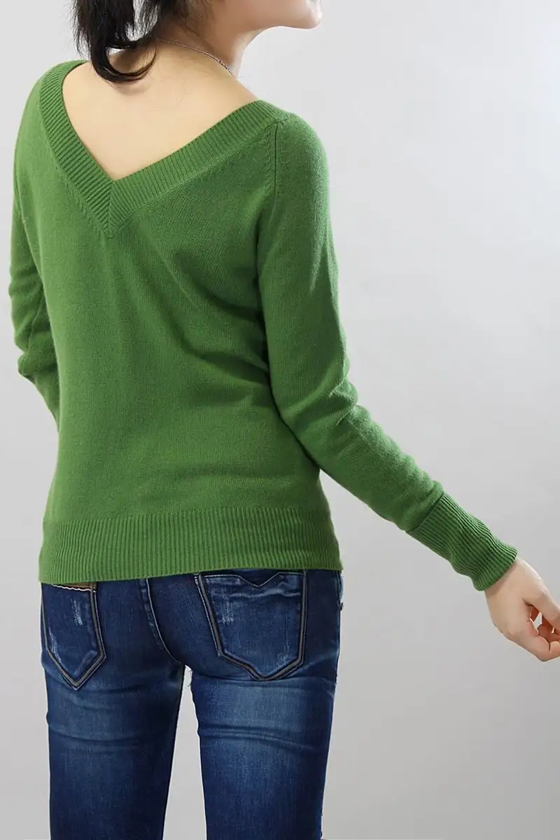 Чистый кашемировый свитер для женщин с глубоким v-образным вырезом пуловер из