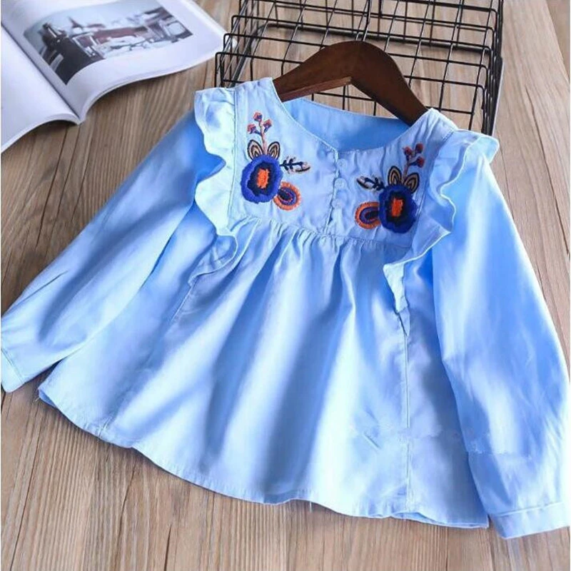 Осенняя детская блузка для девочек рубашки с оборками и цветочной вышивкой