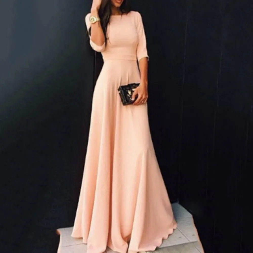 Pink Jaycosin женское платье в пол с коротким рукавом, повседневное, с круглым вырезом, одноцветное, элегантное, для дам, Лидер продаж, осень, Vestidos De Festa, Новинка - Цвет: Pink